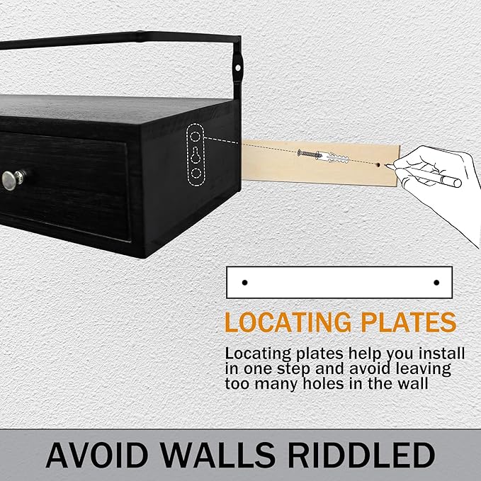 2-Pack Rustic Floating Shelves with Drawer, Black, 15.8 Inch Long, Wall-Mounted, Bathroom, Kitchen, Living Room Storage