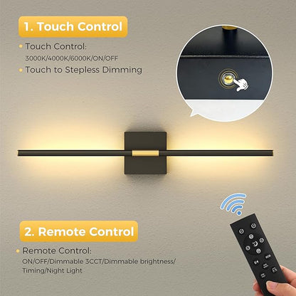 L LOHAS LED Battery Operated Wall Sconces Set of 2, Battery Wall Sconce 10000mAh, Black and Gold Rechargeable Sconces 3CCT, 28.1 Inch Wireless Wall Lights, Sconce Wall Decor for Bedroom, Living Room
