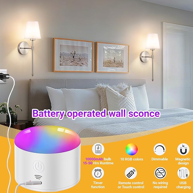 Battery Operated Wall Sconce Set of 2, Rechargeable Wall Sconce with 10000mAh Bulb and Remote Control, Up to 50 Hrs Use, RGB Dimmable Wireless Wall Lights for Living Room Bedroom Hallway