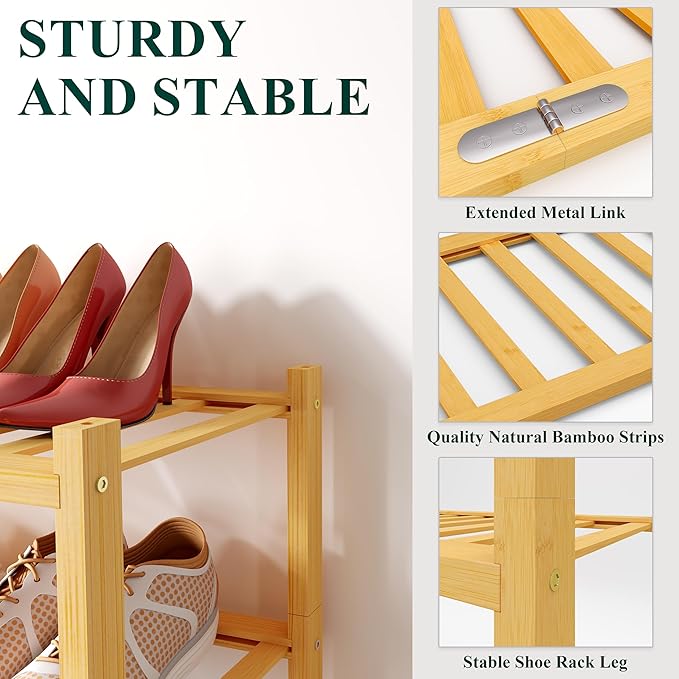 Smiry Bamboo Shoe Rack for Closet, 3 Tier Wooden Stackable Shoe Organizer, Free Standing Shoes Storage Shelf for Entryway, Front Door Entrance, Natural