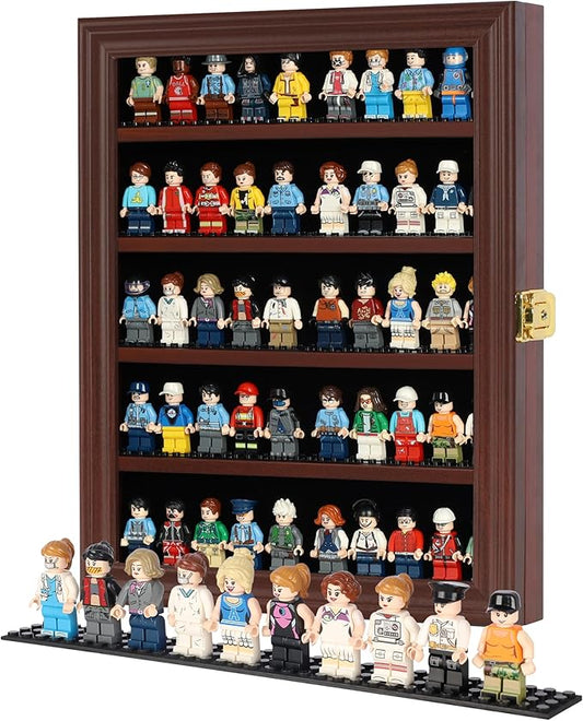 Block Toy Minifigures Dimensions Display Case Thimble Wall Cabinet Shelves Compatible with Challenge Coin Lockalbe UV Protection Door (Small - Mahogany Frame)