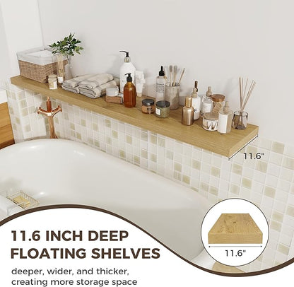 Fun Memories 12 Inch Deep Floating Shelves, 67 Inch Long Extra Large Floating Shelves Set of 2, Rustic Wood Wall Shelves for Living Room, Kitchen, Bedroom, Farmhouse, Laundry Room, Home Office - Oak