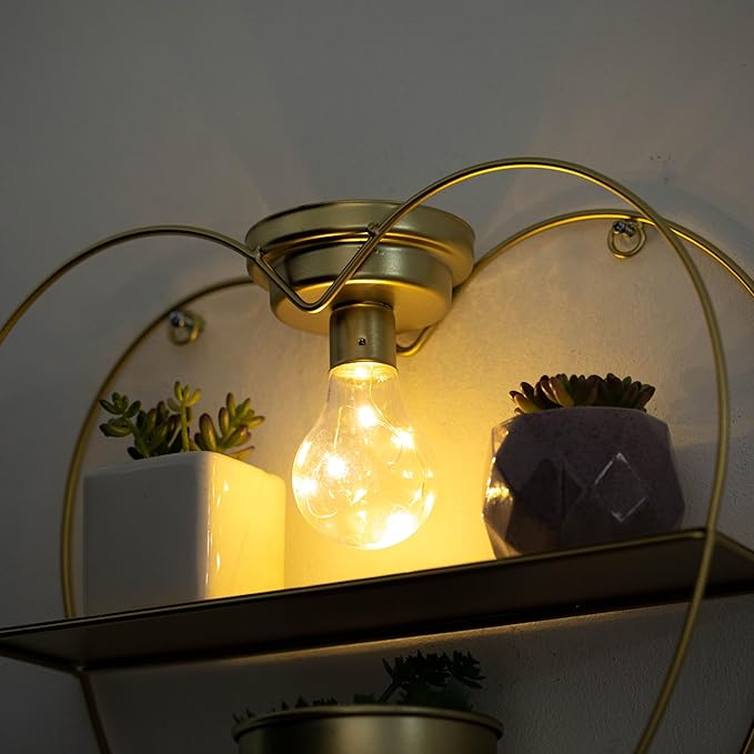 Vintiquewise Heart-Shaped 2-Tier Floating Metal Wall Shelf with Overhead Light Bulb – Decorative Wall-Mounted Shelf for Bedroom, Living Room, Hallway, Bathroom, or Entryway Decor, Gold Finish