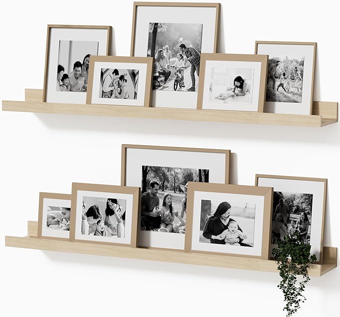 36inch Floating Picture Ledge Shelves 2-Pack, Oak Wall Mounted Shelves with Lip for Nursery, Kids Room, Living Room & Bedroom, Sturdy Floating Book Shelves for Photo Frames & Decor