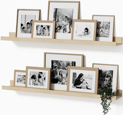 36inch Floating Picture Ledge Shelves 2-Pack, Oak Wall Mounted Shelves with Lip for Nursery, Kids Room, Living Room & Bedroom, Sturdy Floating Book Shelves for Photo Frames & Decor