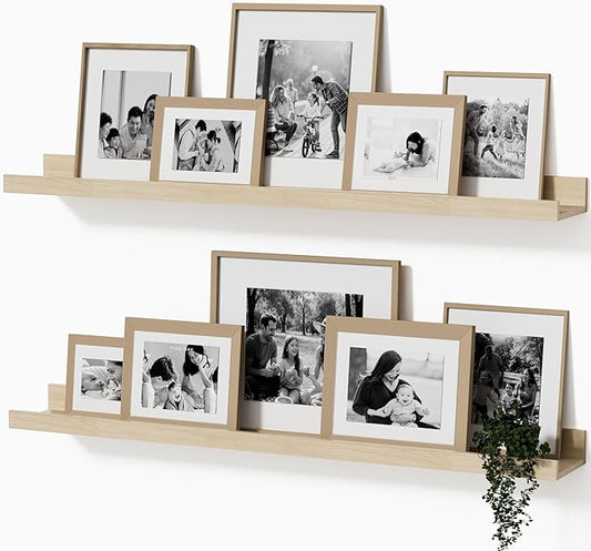 36inch Floating Picture Ledge Shelves 2-Pack, Oak Wall Mounted Shelves with Lip for Nursery, Kids Room, Living Room & Bedroom, Sturdy Floating Book Shelves for Photo Frames & Decor