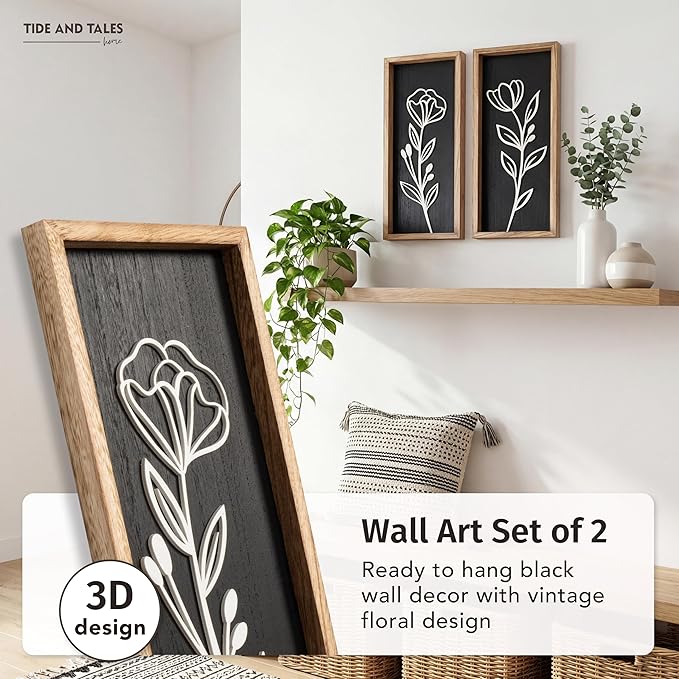 3D Vintage Black Living Room Decor (Set of 2) Lightweight, Wooden Ready-to-Hang Framed Moody Floral Wall Art for Bathroom, Bedroom or Office - Dark Textured Boho Farmhouse Wall Decor - Gift-Boxed