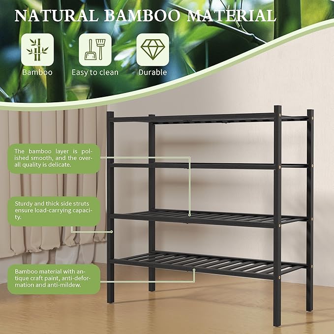 4 Tier Bamboo Shoe Rack for Closet Free Standing Wood Shoe Shelf for Entryway Small Space Stackable 27