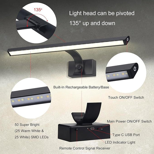 BIGMONAT 16inch Wireless LED Picture Light with Remote, 4400mAh Rechargeable Operated Picture Light with Timer and Dimmable, Metal Display Lamp for Wall, Frame Portrait Art, Matte Black