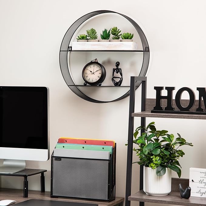 Mind Reader Circular Floating Shelves, Wall Decor, Accent Shelf, Office, Bathroom, Metal Mesh, 18" L x 4" W x 18" H, Black