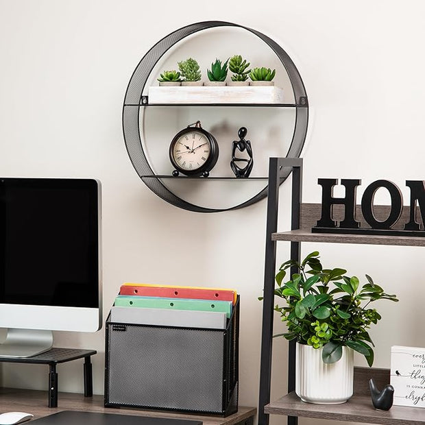 Mind Reader Circular Floating Shelves, Wall Decor, Accent Shelf, Office, Bathroom, Metal Mesh, 18" L x 4" W x 18" H, Black