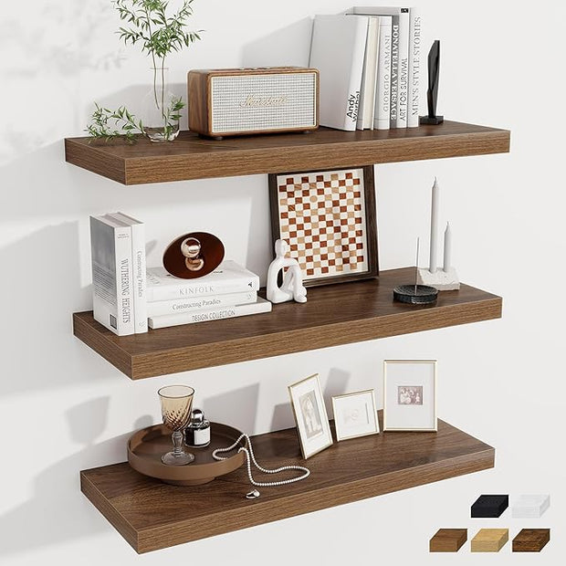 Fun Memories Deep Floating Shelves, 32W x 12D Walnut Wall Shelves, 32 Long Rustic Wood Wide Storage Shelves for Bedroom, Kitchen, Farmhouse, Laundry Room, Bedroom, Kitchen, Home Office- Set of 3