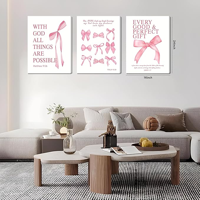 Pink Bow Canvas Wall Art Set of 3, Pink Coquette Dorm Room Wall Decor Paintings, Inspirational Scripture Verses Bows Posters Prints Pictures for Girls Dorm Room Bathroom Bedroom 16x24 Inch Framed