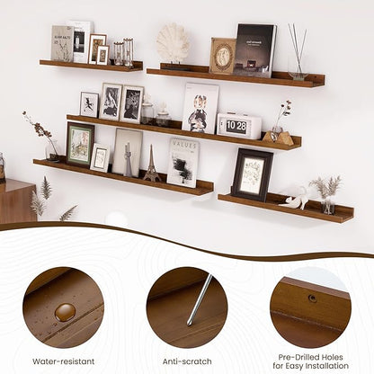 Fun Memories Picture Ledge Shelf, Pine Wood Floating Shelves Set of 2, 48 inch Nursery Book Shelves, Photo Ledge Book Shelves Wall Mounted for Living Room Kids' Room Bedroom - Walnut