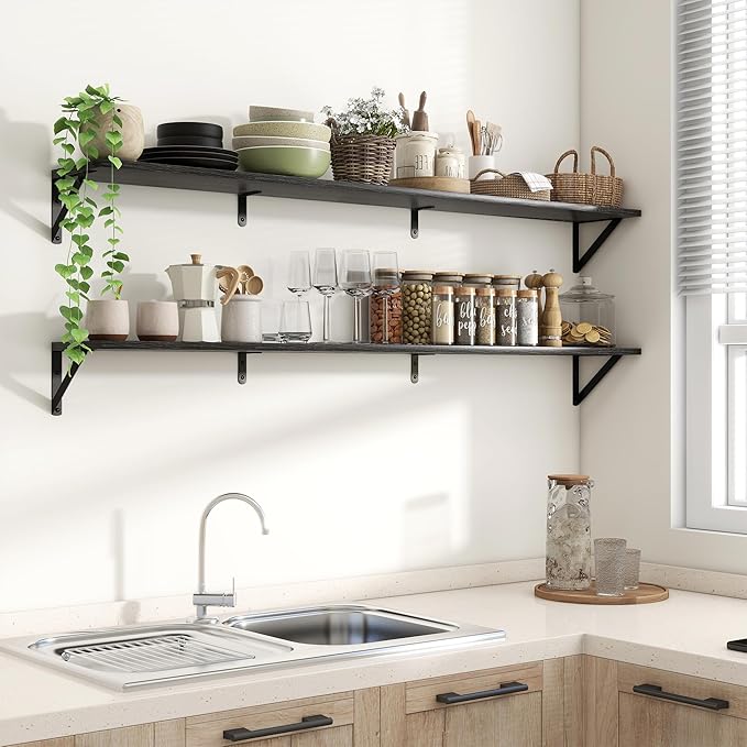 Axeman 55 Inch Floating Shelves | 8 Inch Deep Black Wall Shelves Set of 2 | 55