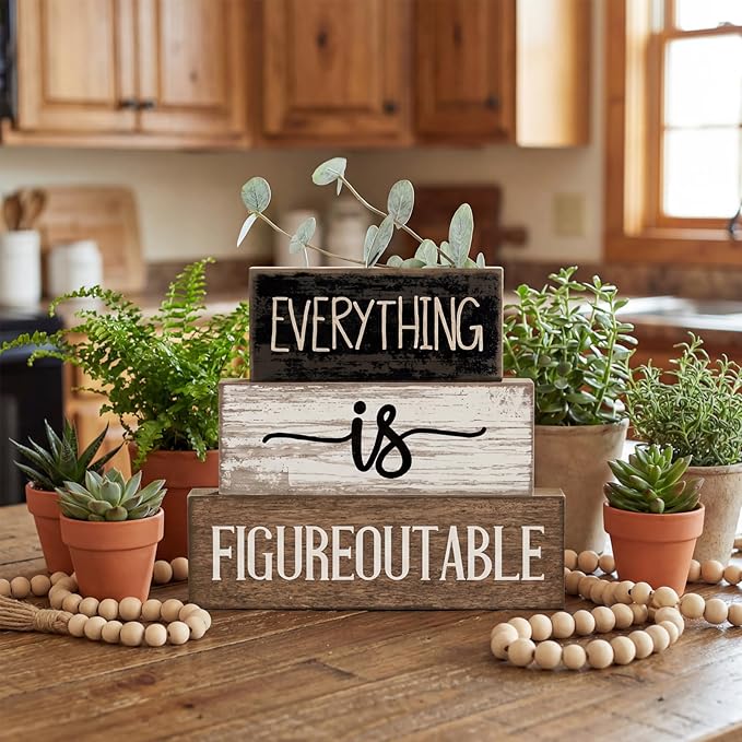 4 Pcs Inspirational Farmhouse Table Decor Everything Is Figureoutable Stacked Wooden Block Signs with Inspirational Quote Eucalyptus Leaves for Home, Living Room, Shelf Housewarming Gift