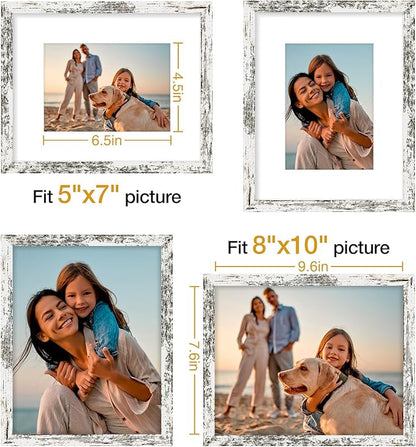 Vittanly 8x10 Picture Frame Set of 4, Display Pictures 5x7 with Mat or 8x10 without Mat, Photo Frames for Wall or Tabletop Display, Distressed White