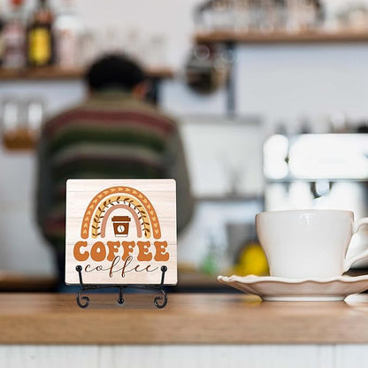 Coffee Bar Decor, Farmhouse Kitchen Table Decor, Coffee Station Accessories, Wooden Decorative Sign with Iron Stand for Table Desk Shelf Display-E28