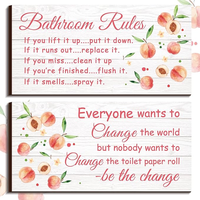 Jetec 2 Pieces Funny Bathroom Signs Bathroom Wall Decor Toilet Wall Accessories Farmhouse Toilet Rustic Wooden Signs, 12x6 Inch(Peach Style)