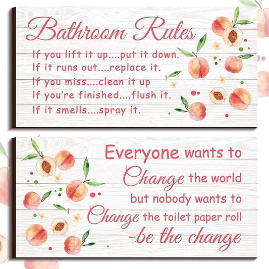 Jetec 2 Pieces Funny Bathroom Signs Bathroom Wall Decor Toilet Wall Accessories Farmhouse Toilet Rustic Wooden Signs, 12x6 Inch(Peach Style)