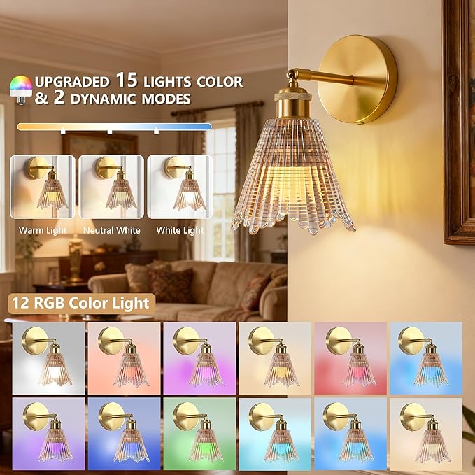 Vintage Battery Operated Wall Sconce with Amber Crystal Grid Glass Lampshade Rechargeable Battery Powered Wall Light with Remote Control for Bedside Bedroom Bathroom, Set of 1