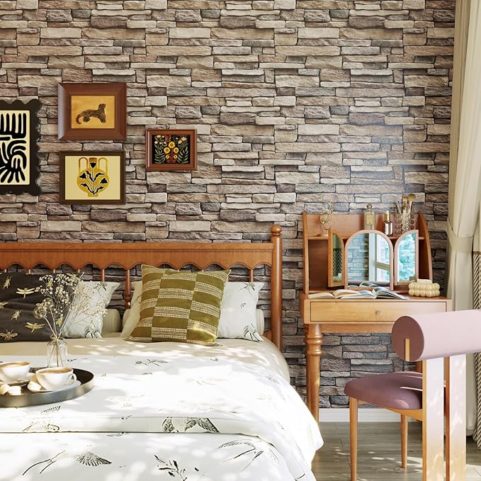 Abyssaly Stone Wallpaper Brick Wallpaper Peel and Stick Stone Backsplash Self-Adhesive Removable Vinyl Wraps Grey Faux Brick Shelf Paper 17.71