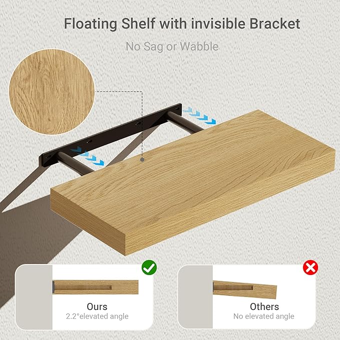 Vivelove Floating Shelves for Wall Mounted, 16 inchs Shelf for Small Bathroom, Bedroom, Living Room, Kitchen, Modern Home Decor, Rustic Farmhouse Wall Shelves with Invisible Brackets - Set of 2, Oak