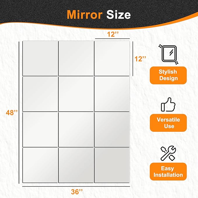 Delma Home Gym Mirrors, 12'' x 12'' Glass Mirror Tiles (12 PCS), Square Large Wall Mirror for Home Gym, Bedroom, Door,Bathroom, Frameless Mirror Sets