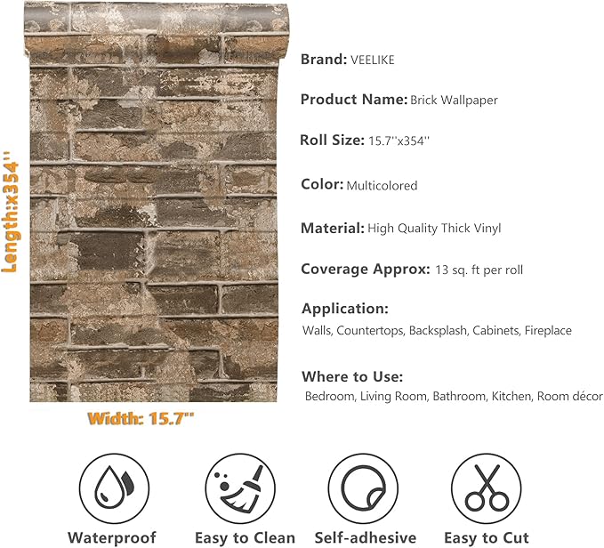 VEELIKE 15.7''x354'' Brick Wallpaper Peel and Stick for Bedroom 3D Textured Vintage Red Faux Brick Wallpaper Self Adhesive Waterproof Removable Stone Brick Wall Paper for Kitchen Backsplash Backdrop
