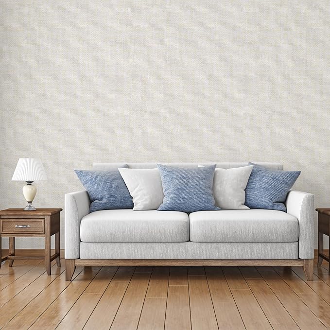 Yancorp 24"x120" Textured Fabric Cream Faux Grasscloth Peel and Stick Wallpaper Self-Adhesive Linen Removable Wallpaper Cabinets Counter Top Liners