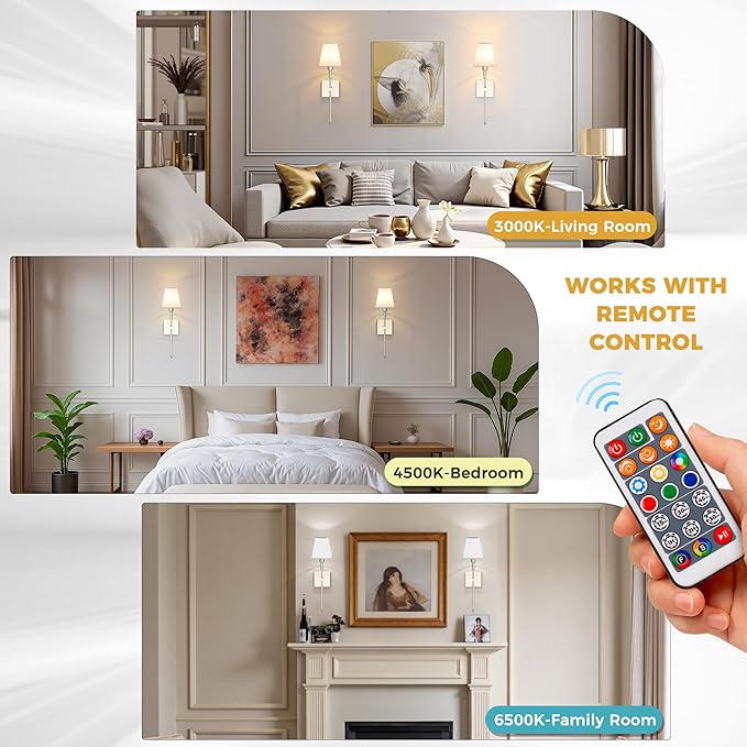 DORESshop Battery Operated Wall Sconce Set of 2, Nickel Rechargeable Wall Lights, Sconce Wall Decor Set of 2, 7 Colors Mode Wireless Sconces for Bedroom Living Room Hallway