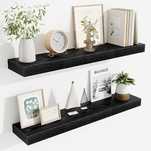 Fun Memories Bathroom Shelves 32 Inch Long Set of 2, Floating Shelves for Wall with Invisible Brackets, for Bedroom, Living Room, Kitchen, Black