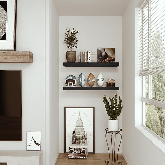 Vivelove Black Floating Shelves for Wall Mounted, 24 inchs x 9.1” Deep x 1.6” Thick Wall Shelves for Bedroom, Living Room, Bathroom，Kitchen, Office, Home Decor Shelf with Invisible Bracket - Set of 2