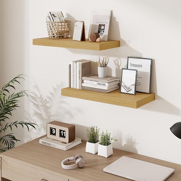 Fun Memories 24 x 10 Floating Shelves Wall-Mounted - Rustic Wood Shelf - 10 Inch Deep Floating Shelves for Wall - Large Storage Shelf for Bathroom - Kitchen & Bedroom - Oak - Set of 2