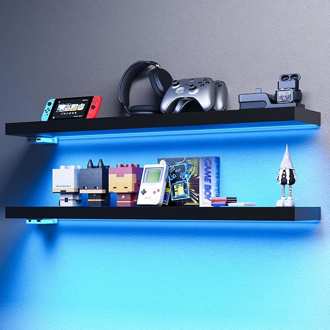 BAMEOS Floating Shelves with RGB LED, 31" Wall Mounted Wooden Shelves with Invisible Brackets, Set of 2, Hanging Wall Shelves for Bedroom, Bathroom, Living Room and Kitchen (Black)
