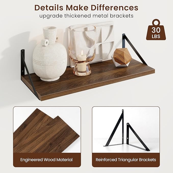 Axeman Deep Floating Shelves | 24 Inch Walnut Wall Shelves Set of 2 | 10 Inch Deep Wood Floating Shelves for Wall | 24
