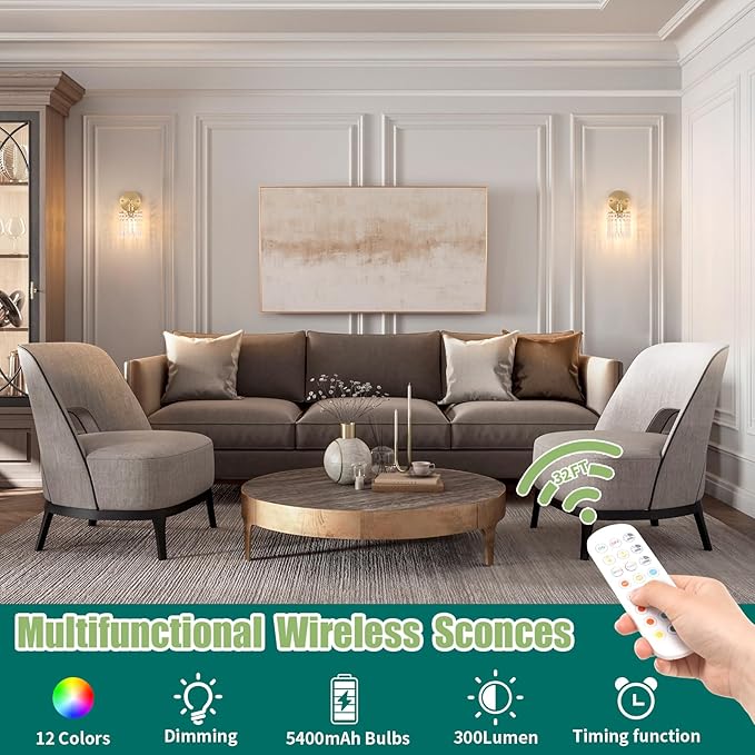 Set of 2 Crystal Battery Operated Wall Sconce, Rechargeable Battery Powered Wall Lamp with Remote Control, Modern Dimmable Wireless Wall Lights for Bedroom Bathroom(Transparent, Gold Base)