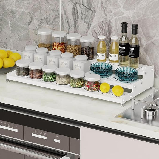 Expandable Spice Rack organizer with 3-Tier step shelf,Modern Design heavy duty,Non Skid and Visibility ,Great for Kitchen Cabinet,Bathroom,dressing table,Cupboard, Pantry and more(2PACKS/WHITE)