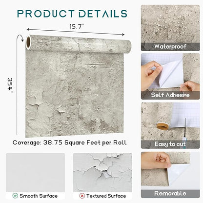 VEELIKE Cracked Beige Concrete Wallpaper Peel and Stick Textured Industrial Wallpaper for Bedroom Living Room Accent Wall 15.7''x354'' Removable Cement Wall Paper Concrete Contact Paper for Walls