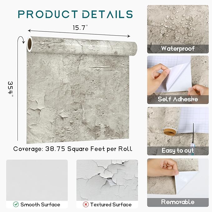 VEELIKE Cracked Beige Concrete Wallpaper Peel and Stick Textured Industrial Wallpaper for Bedroom Living Room Accent Wall 15.7''x354'' Removable Cement Wall Paper Concrete Contact Paper for Walls