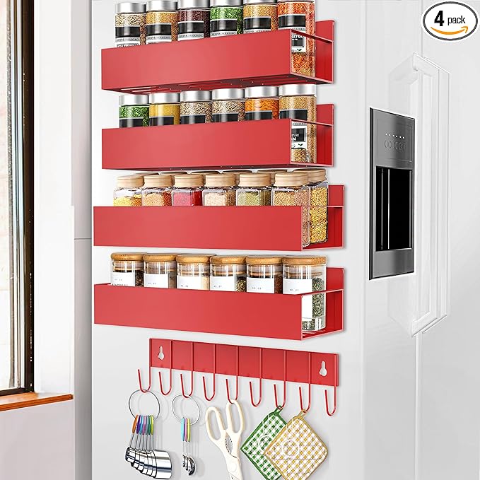 Magnetic Spice Rack Organizer for Fridge Seasoning Organizer for Kitchen storage with Screw Magnetic Shelf with Hook for Refrigerator and Oven (4pack1hook-Red)