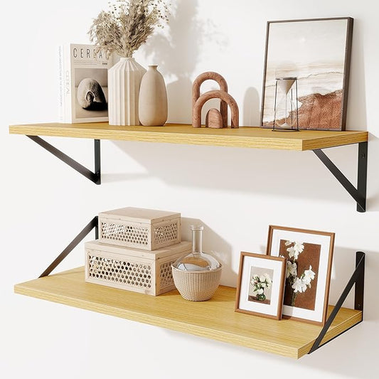 Deep Floating Shelves for Wall,30" Wx10 D Wood Floating Shelf Set of 2,Sturdy Metal Bracket Wide Display & Storage,Wall Mounted Hanging Floating Shelves for Living Room,Bedroom,Kitchen,Oak