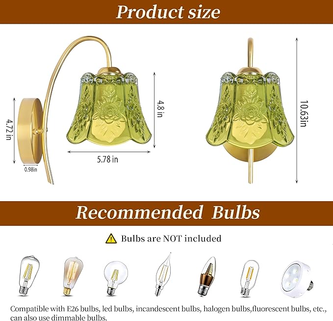 Vintage Battery Wall Sconce with Flower lampshade,Rechargeable Battery Powered Wall Lights,Wall lamp with 15 Colors for Bedroom Living Room Home Decor (Green Rose, 2 Light Battery Operated)