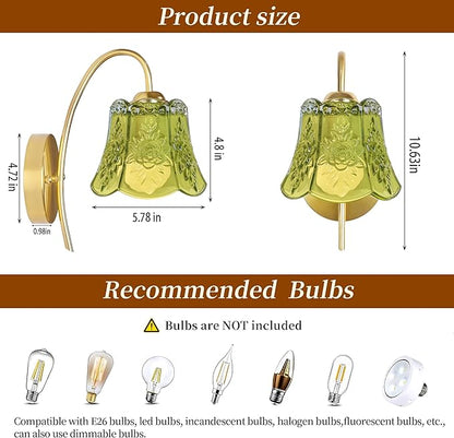 Vintage Battery Wall Sconce with Flower lampshade,Rechargeable Battery Powered Wall Lights,Wall lamp with 15 Colors for Bedroom Living Room Home Decor (Green Rose, 2 Light Battery Operated)