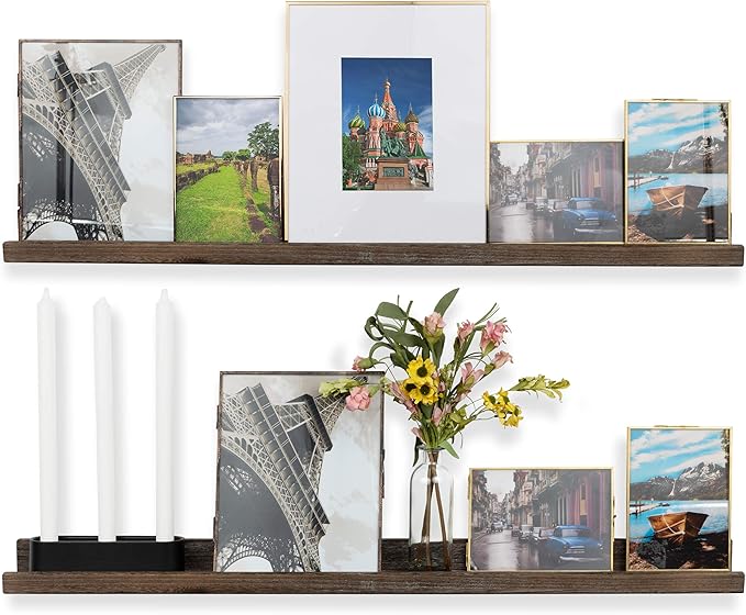 Rustic State Ted 36" Wall Mount Narrow Wood Picture Ledge Shelf Photo Frame Display - Floating Shelves for Living Room Office Kitchen Bedroom Bathroom Décor - Torched Brown - Set of 2