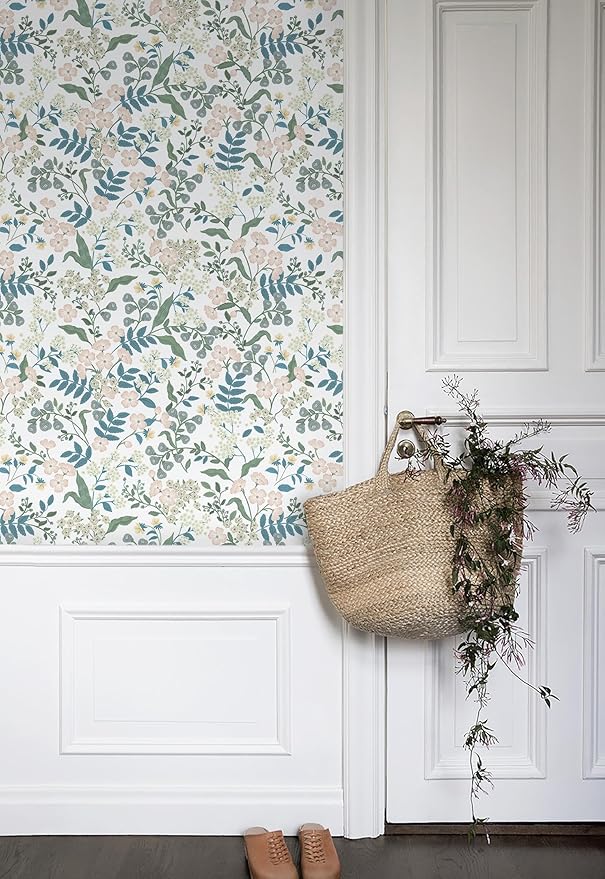 Floral Peel and Stick Wallpaper Boho Blue Floral Contact Paper Vintage Pink Flower Wallpaper Self Adhesive Removable Wall Paper for Bedroom Bathroom Cabinets Waterproof Vinyl Roll 17.3"x78.7"