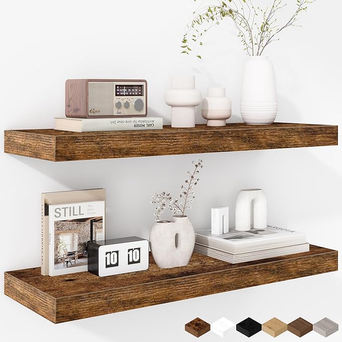 Fun Memories 24 Inch Floating Shelves - Deep Rustic Wooden Wall Shelves - Extra Deeper & Thicker Wall Mounted Storage Shelf for Bedroom, Kitchen, Farmhouse - 2 Pack, Rustic Brown