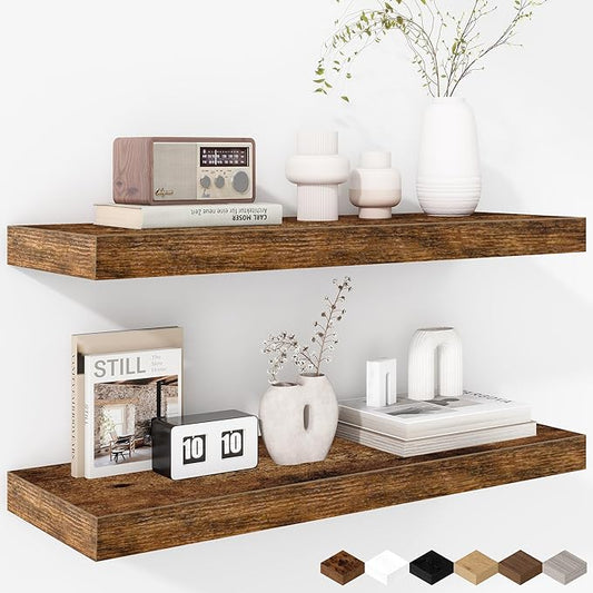 Fun Memories 24 Inch Floating Shelves - Deep Rustic Wooden Wall Shelves - Extra Deeper & Thicker Wall Mounted Storage Shelf for Bedroom, Kitchen, Farmhouse - 2 Pack, Rustic Brown