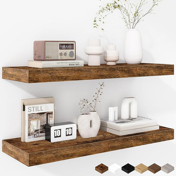 Fun Memories 24 Inch Floating Shelves - Deep Rustic Wooden Wall Shelves - Extra Deeper & Thicker Wall Mounted Storage Shelf for Bedroom, Kitchen, Farmhouse - 2 Pack, Rustic Brown