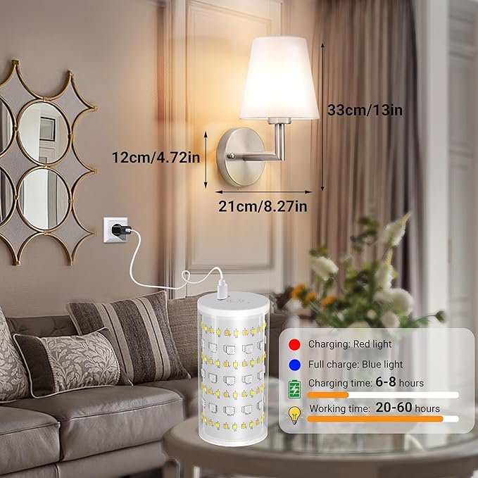 Battery Operated Wall Sconces Set of 2, Wireless Wall Light with 10000mAh RGB Dimmable Magnetic Bulb, Rechargeable Wall Sconce with Remote Control for Bedroom Living Room
